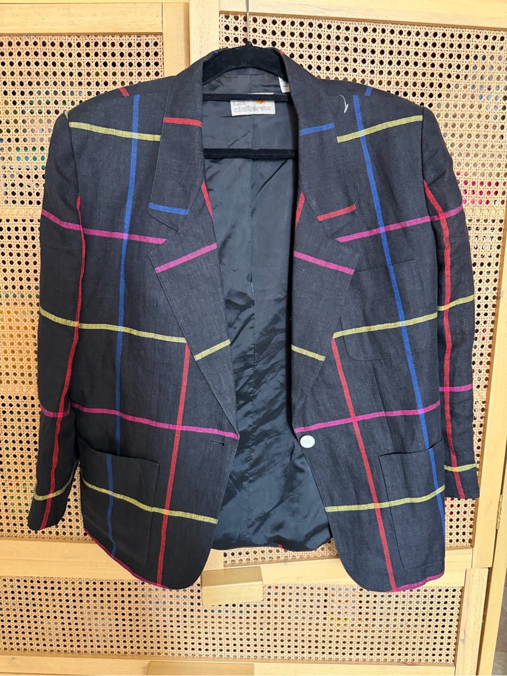 Vintage Liz Claiborne Colorful Plaid Blazer Grey Neon Rainbow 80s 90s Linen 12